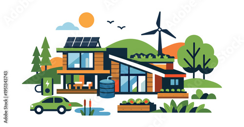 Eco friendly house integrating solar arrays, wind power, electric car charging, and rainwater harvesting for sustainable living