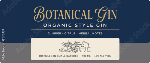 Botanical gin label showing organic style with juniper and citrus notes for 700 ml bottle