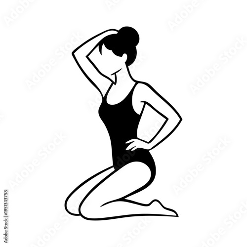 Logotipo con dibujo con líneas de una mujer con bikini de estilo retro, posando de rodillas con una mano en la cabeza 