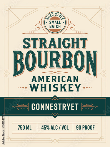 Straight bourbon label design for Connestryet whiskey product showcases aged style and small batch details in bold text