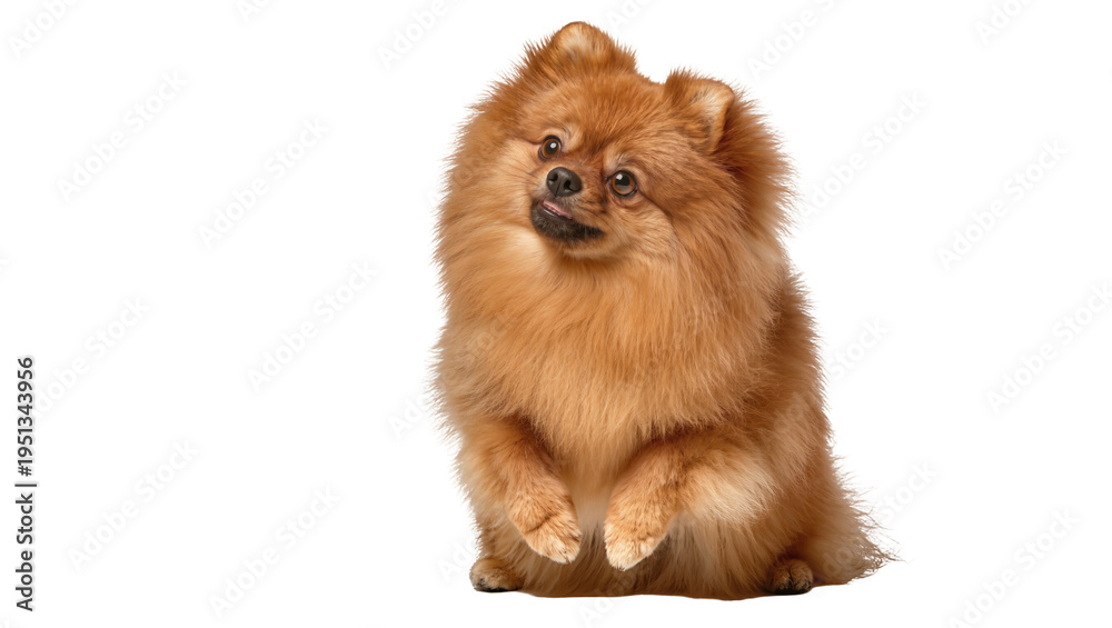 Fototapeta premium Isolated cute fluffy brown Pomeranian dog sitting attentively with a curious and playful expression.