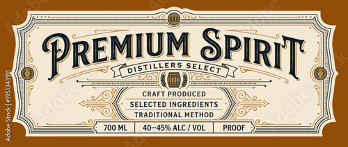 Craft produced premium spirit label showing selected ingredients and traditional method with specific alcohol volume and proof details