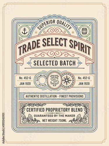 Trade select spirit label design from January 1920 featuring details about the batch and distillation process