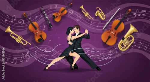 Couple dancing surrounded by musical instruments and sheet music on purple background with lively atmosphere