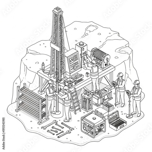Detailed illustration of a drilling rig setup on a platform.