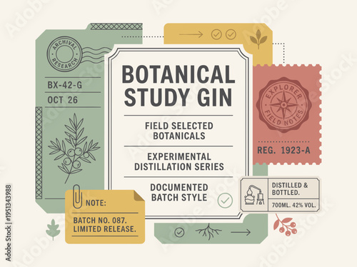 Botanical Study Gin label showing field selected botanicals and details about experimental distillation series
