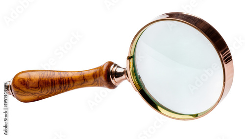 Fotografija Isolated antique brass magnifying glass with wooden handle for detailed investig