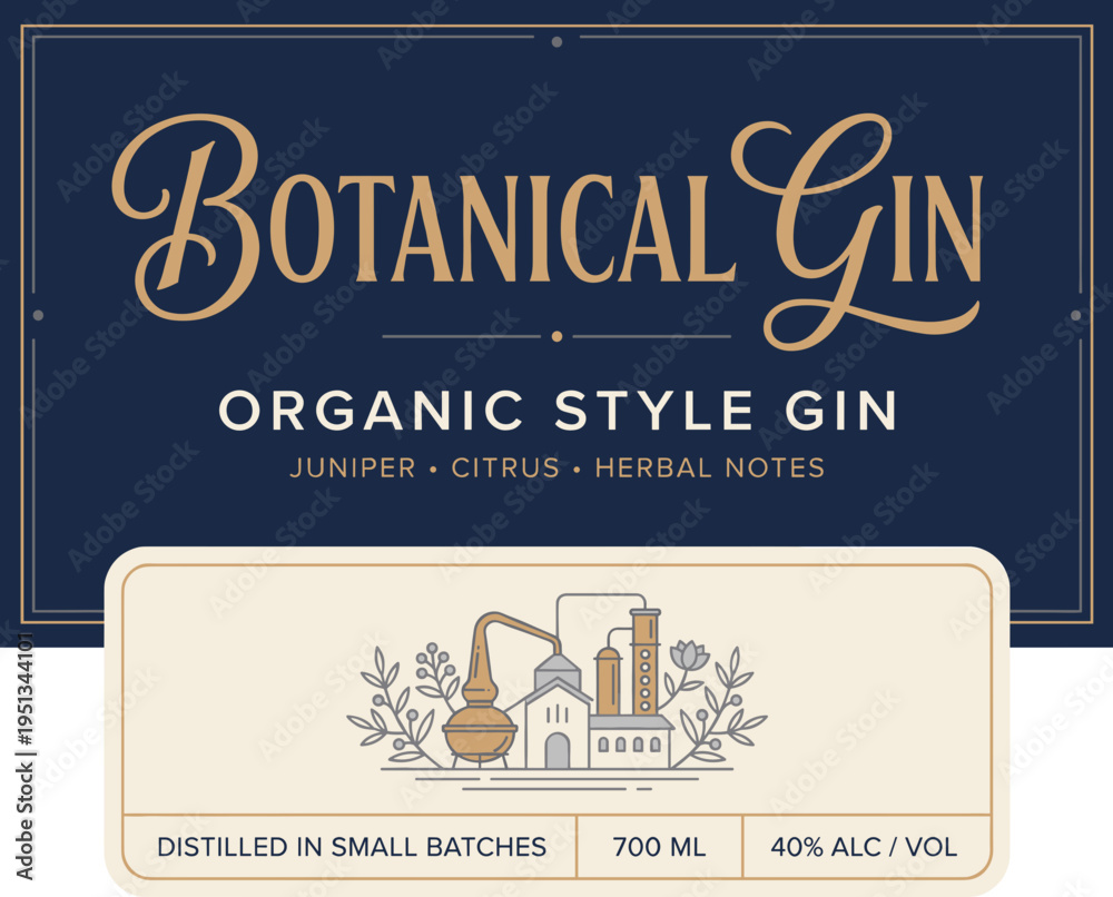 Obraz premium Botanical gin label with details about organic style and ingredients in a simple design
