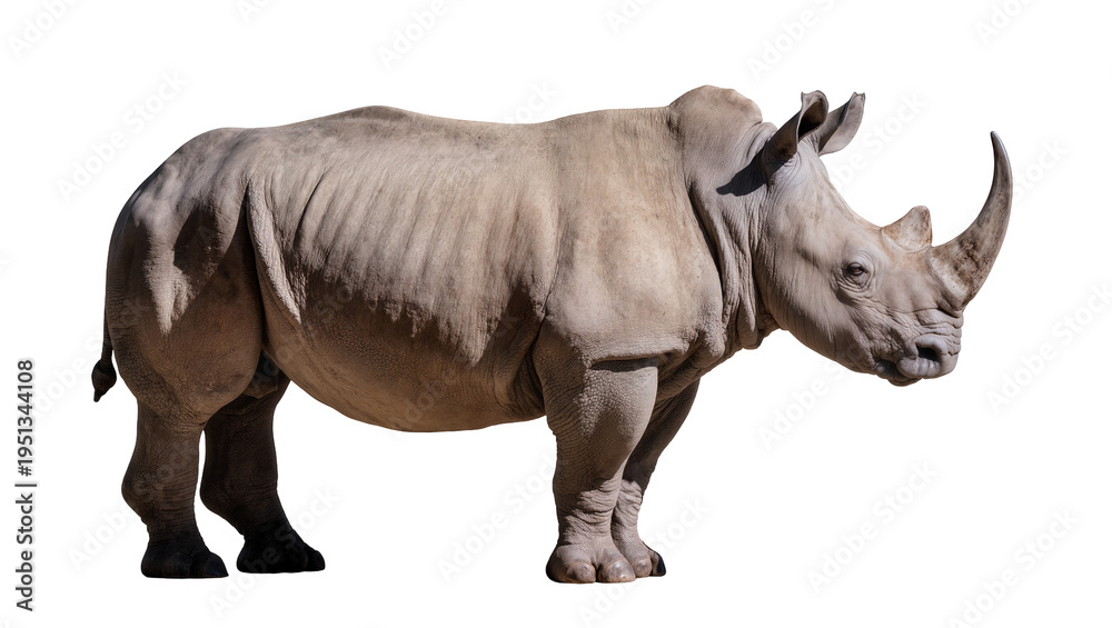 Fototapeta premium Isolated powerful grey rhinoceros with prominent horns standing in a full-body profile shot