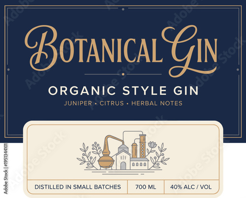 Botanical gin label with details about organic style and ingredients in a simple design