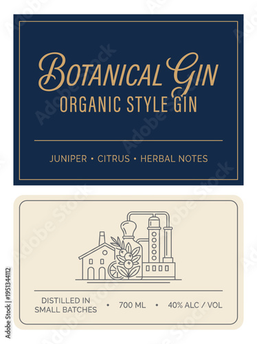 Botanical gin label design showing organic style with juniper and citrus elements for small batch distillation
