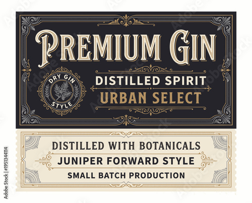 Premium gin label design featuring urban select style and juniper forward flavor from small batch production