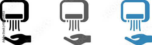 Three Icons Of Hand Dryers With Hands In Black Gray And Blue wash clean
