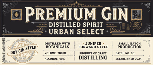 Premium gin bottle label showing details about urban select distilling process and production information in a clear layout