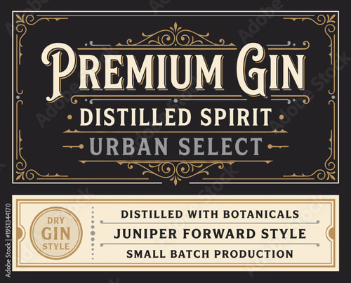 Premium gin label showing urban select branding with details about distillation and botanicals used