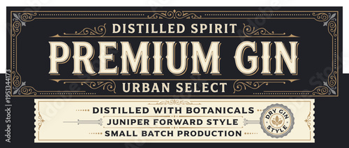 Premium gin label showing urban select style and details on production and ingredients for a distilled spirit