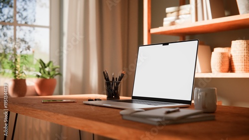 Laptop Blank Screen Mockup Angled View in Scandinavian Home Office Interior