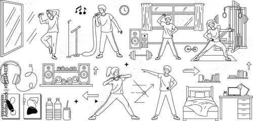 Home Workout and Fitness Routine Icon Set with Exercise, Dance, Strength Training, Yoga and Healthy Lifestyle Illustration Collection