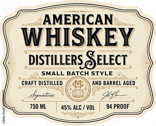 American whiskey distillers select label for small batch style craft distilled beverage
