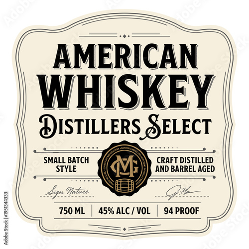 American whiskey label design featuring distillers select text and detailed descriptions of whiskey characteristics