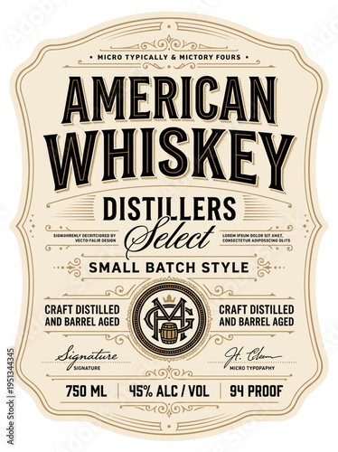 Label design for American whiskey featuring distillers select small batch style in a vintage layout with specific alcohol details