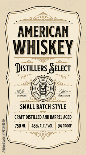 American whiskey label design highlighting distillers select small batch style for craft distilled drink serving