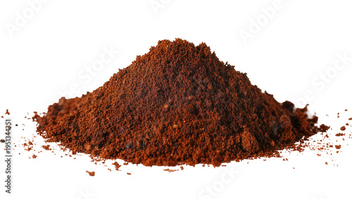Isolated pile of finely ground aromatic roasted coffee powder ready for brewing