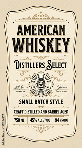 Bottle label for American whiskey with distillers select details and small batch information