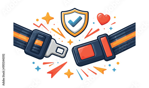 Seatbelt with buckles ready to connect, illustrating vehicle safety, security, and accident prevention with shield icon