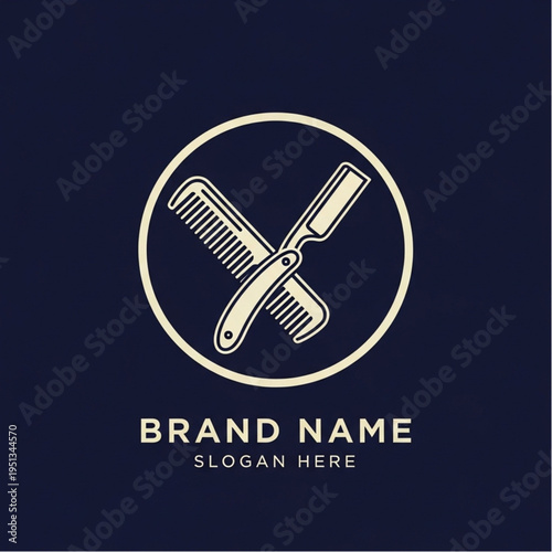 Barber Shop Logo Featuring a Comb and Razor Blade in a Circle.