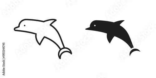 Dolphin icon set. outlined and solid flat clipart versions.