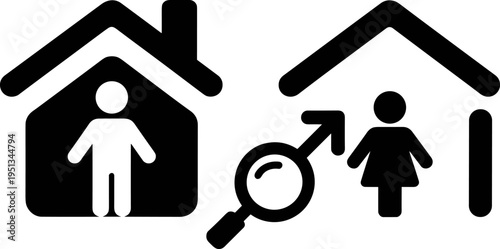 Two Houses with People Icons and Magnifying Glass Symbol home