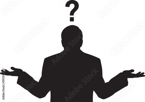 Confused person silhouette with question mark shrug gesture, uncertainty concept