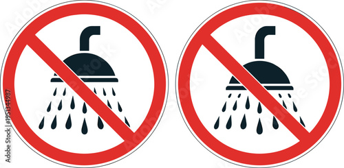 Two No Shower Signs With Water Drops On White Background overlay keywords