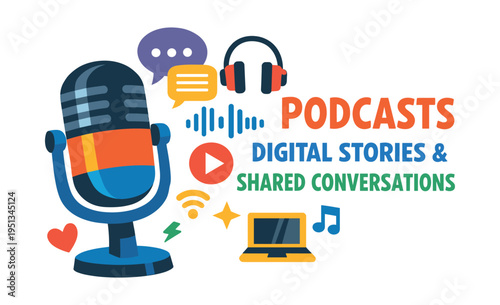 Podcast concept with a retro microphone, audio waves, laptop, and communication icons representing digital storytelling and online conversations
