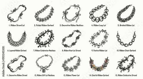 Collection of 15 Hand-Drawn Illustrations Showcasing Various Ribbon Lei Designs and Styles.