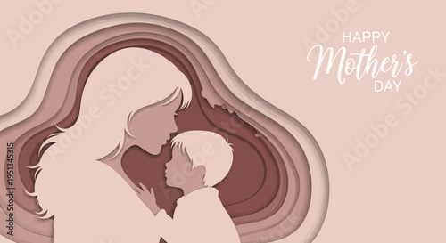 Happy Mother's Day Greeting Card with Paper Cut Out Silhouette of Mother and Child on Pink Background