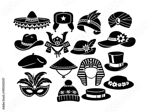 Illustrating various traditional hats, headwear, and masks from diverse cultures worldwide, symbolizing global fashion and heritage