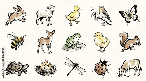 A charming collection of hand-drawn illustrations featuring various farm and wild animals in a whimsical style.