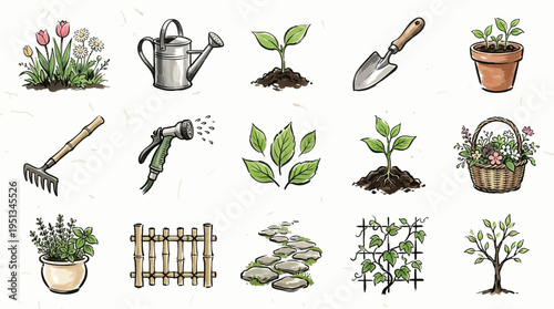 A collection of hand-drawn illustrations depicting various gardening tools, plants, and outdoor elements, presented in a grid layout.