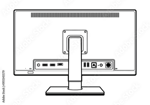 Computer display back view line art drawing presenting various input and output ports, stand, and vesa mounting features