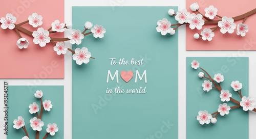 Mother's Day Greeting Card with 3D Paper Cut Cherry Blossoms and Teal Background