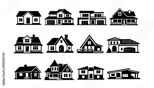 House collection in black and white silhouette, featuring various residential home designs, architecture, and suburban properties