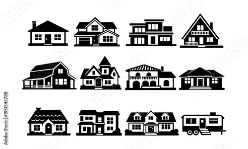 Icon set featuring a variety of house buildings in different styles, perfect for family residences and real estate themes