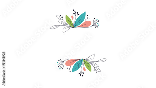 Symmetrical arrangements of leaves and berries in soft pastels creating a natural border on a white field.