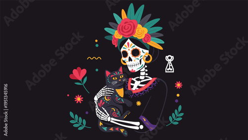 Mexican day of the dead skeleton lady wearing a flower crown and holding a black cat with festive patterns.