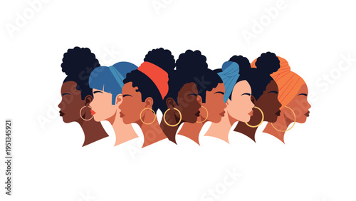Diverse group of beautiful African American women with various hairstyles and headwraps standing together in side profile view.