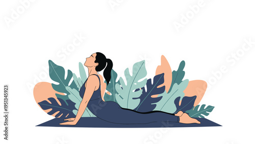Fit young woman practicing the cobra yoga pose on a mat surrounded by large tropical monstera leaves for a wellness concept.
