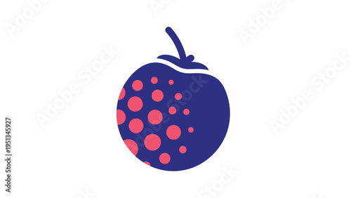 Stylized blue fruit icon with pink polka dot pattern and a stem depicted as a modern graphic element on a plain white background.
