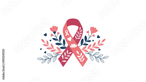 Breast cancer awareness month concept with pink ribbon surrounded by floral elements, leaves, and hearts on white background.